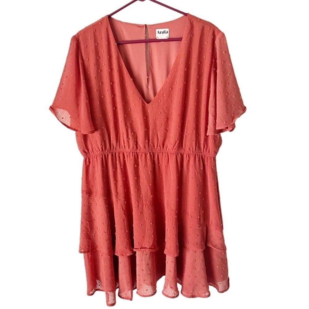 Arula Dress Women's 1X‎ A Orange Swiss Dot Ruffle Flutter Sleeve Boho Bohemian